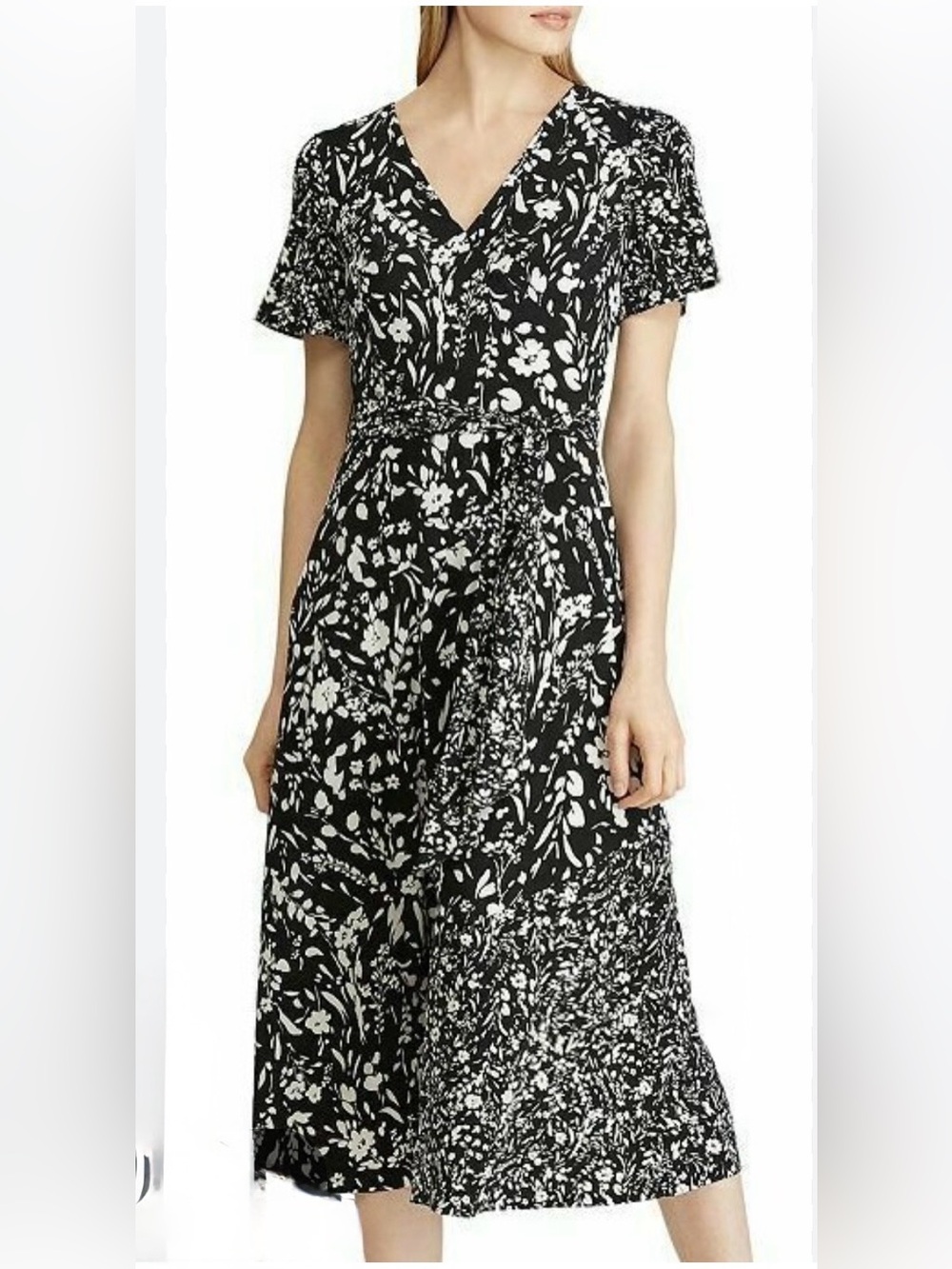 Ralph Lauren Black & White Floral Flatter Sleeve Stretch Jersey Midi Dress. Sz14